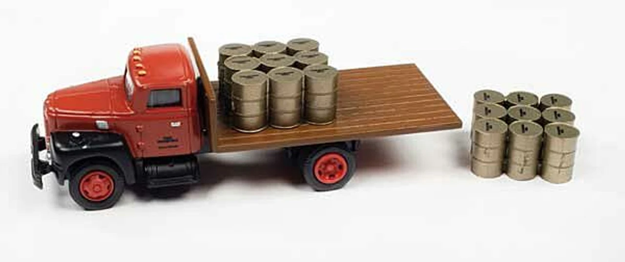 Classic Metal Works 40019 - International Harvester R-190 Flatbed W/Drum Load - Assembled - Mini Metals -- Maroon - HO Scale 1 Classic Metal Works 40019 - International Harvester R-190 Flatbed W/Drum Load - Assembled - Mini Metals -- Maroon - HO Scale