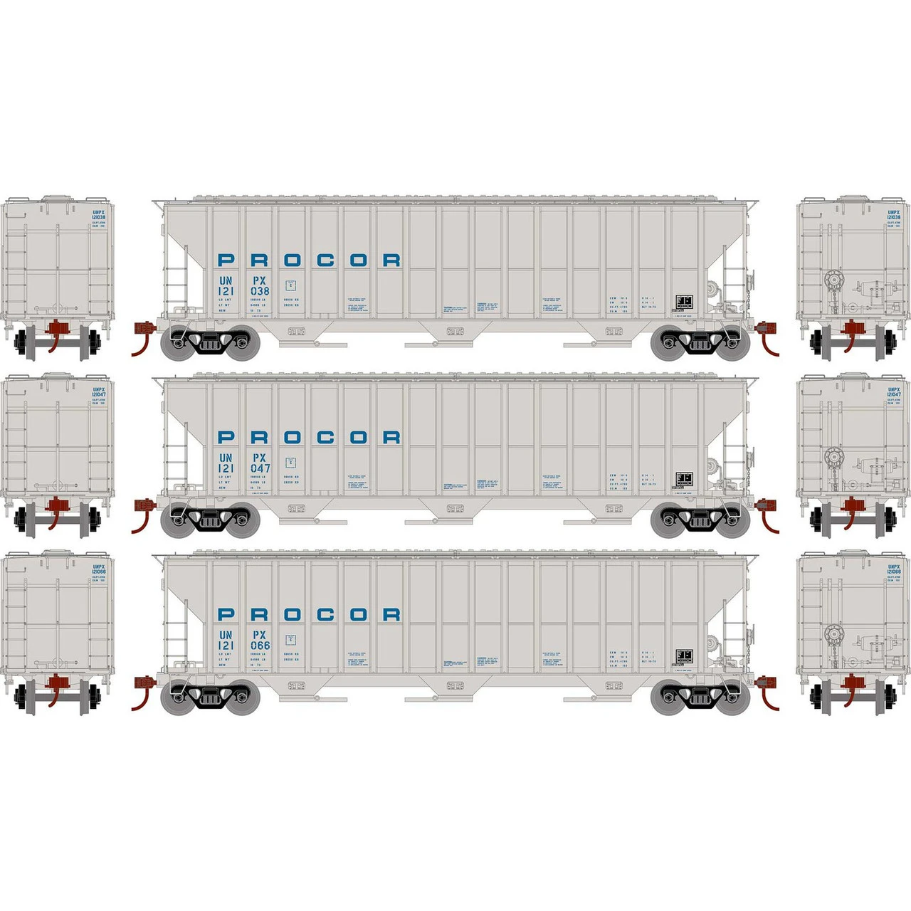Athearn RTR 81588 - FMC 4700 Covered Hopper Procor (UNPX) 121038, 121047, 121066 - HO Scale 1 Athearn RTR 81588 - FMC 4700 Covered Hopper Procor (UNPX) 121038, 121047, 121066 - HO Scale